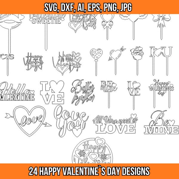 Happy Valentine's Day. Bundle Of Valentine's Day Cake Toppers Designs. Svg, Dxf, Eps, Jpg, Png Files For Laser Cut