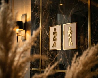 Gold Acrylic Restroom Signs, 3D White Bathroom Door Symbols, Modern Toilet Wall Decor