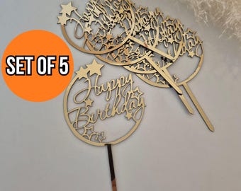Gold Acrylic Happy Birthday Cake Topper Set - Star Design