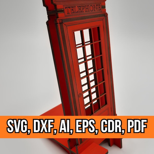 Phone Stand Design. Red Telephone Box. Red British Phone Booth Stand. Laser Cut Files. Svg, Dxf, Ai, Eps, Cdr, Pdf Files For Cricut.