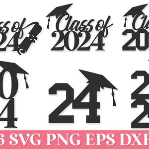 Paquete de adornos para tartas de graduación 2024. Decoración temática de graduación. Clase de archivo de corte láser 2024. SVG, Dxf, Ai, Eps, Pdf, Png.