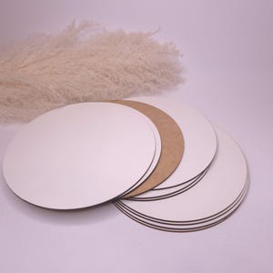 May include: A stack of round, white cardboard cake circles, with one brown cardboard circle on top. The circles are used for cake decorating and baking.