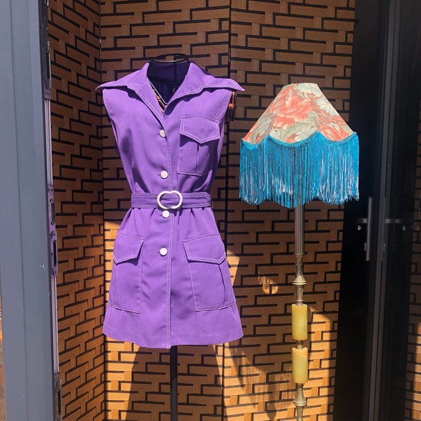 Purple 60s/70s vintage mini dress | dagger collar | buttons | belt | pockets | retro | Jack Winter | sleeveless | Austin Powers