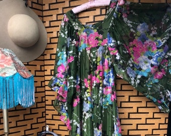 Vintage 70s Maxi Green Floral Festival Dress | Angel Sleeves Boho Hippie