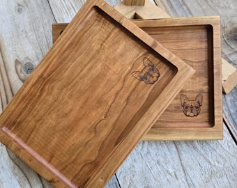 Cherry Wood Catch-All Tray – Geometric Frenchie Dog Edition, tray, organizer, wallet tray