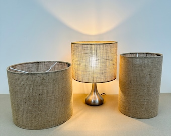 Natural hessian handmade ceiling shade or table standard drum lampshade available in different size.