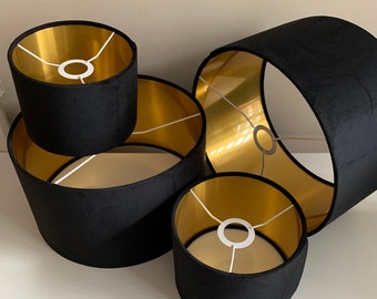 New Black velvet light shades for ceiling shade, table and floor drum lampshade with brushed gold lining available in different size.