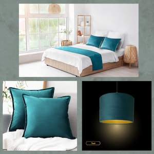 Teal Velvet Cushion Cover,Bed Runner and lampshade collection.All products have same colour and same Fabric.