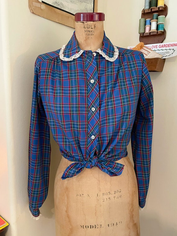 70s Plaid Prairie Blouse Ruffle collar