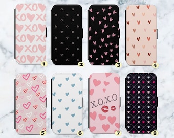 Love Hearts Aesthetic Vegan Leather Flip Case Cover Wallet. For iPhone SE 6 7 8 XR  11 12 13 14 14 Max  . For Samsung   S8 S9 S10 S20 S21 +