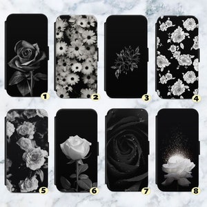 Black & White Floral Vegan Leather Flip Case Cover Wallet. For iPhone SE 6 7 8 XR  11 12 13 14 Max  . For Samsung   S8 S9 S10 S20 S21 S22 +