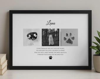 May include: A framed black and white memorial print featuring three images: a dog's nose, a dog in a forest, and a paw print. The print includes the name "Luna" and a poem about love and remembrance.