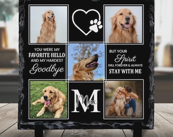 Personalisierte Haustier Erinnerungsfoto Schiefer — Hunde Erinnerungsgeschenk mit 4 Fotos & Namen | Andenken bei Verlust | Lieblings Motiv Hello Hardest Goodbye