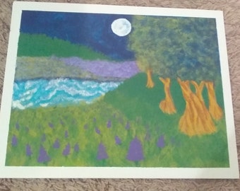 Original Painting/ Moonlit Scenery, Trees, Water/ Acrylic/ Canvas Board