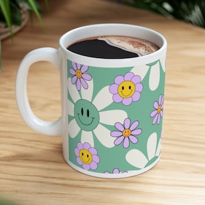 Retro Daisy Coffee Mug, Smiley Face Mug, Happy Face Pattern Ceramic Mug, Smiley Face Cup, Retro Gifts, Daisy Lover Gifts