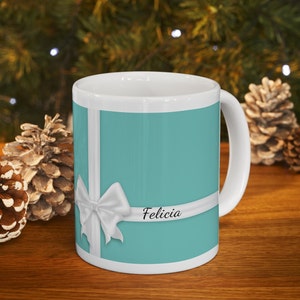 Personalized Breakfast at Tiffany's Ceramic 11 oz Coffee Mug, Robin Egg Blue Mug, Audrey Hepburn Gifts, Little Blue Box Tea Cup