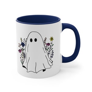 Ghost with Flowers Cup 11 oz, Halloween Ghost Mug, Cute Ghost Art Mug, Retro Ghost Coffee Mug, Ceramic Ghost Mug