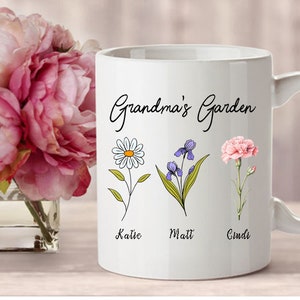 Grandma&#39;s Garden Coffee Mug, Personalized Mug Gift for Grandmother, Birth Flower Custom Mug, Family Keepsake Gifts, Mother&#39;s Day Mug