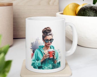 Tazza da caffè con illustrazione di Audrey Hepburn, regalo per fashioniste, regalo per amanti del tè