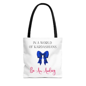 Audrey Hepburn Tote Bag, Audrey Hepburn Fan Gift, Fashion Inspiration, Celebrity Quote, Shopping Bag for Her, Blue Coquette Bow