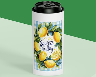 Divertido enfriador de latas "Aprieta el día" con gráfico de limón, accesorios de verano para amantes del limón, soporte delgado para latas de cerveza, recuerdo de fiesta con temática de limón