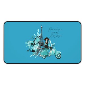 Audrey Hepburn Office Desk Mat: Paris Eiffel Tower, Vintage Hollywood Office Decor Turquoise