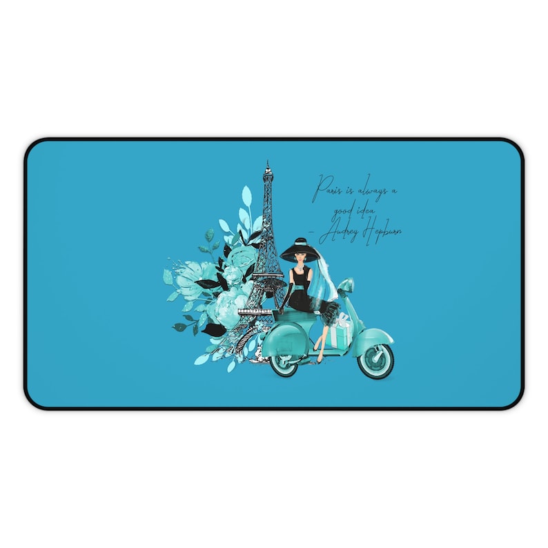 Audrey Hepburn Office Desk Mat: Paris Eiffel Tower, Vintage Hollywood Office Decor Turquoise