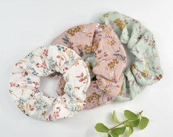 2 Größen Scrunchie / Musselin / Haargummi / Zopfgummi / weiß / rosa / mint / Blümchen / Blumen / bunt