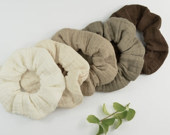 2 Größen Scrunchie Musselin / Haargummi / Zopfgummi / ecru / natur / beige / taupe / dunkelbraun