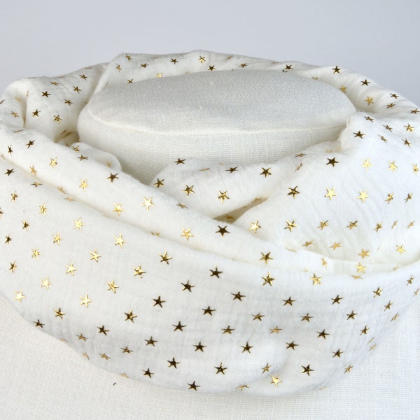 2 sizes loop made of muslin / neckerchief / loop scarf / cream with golden stars / white / stars / gold / children