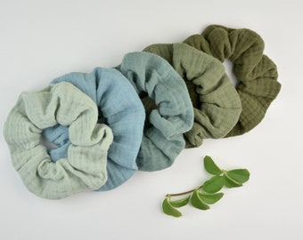 2 Größen Scrunchie Musselin / helles mint / blaugrün / altgrün / grün / olivgrün / Haargummi / Zopfgummi / einfarbig / uni