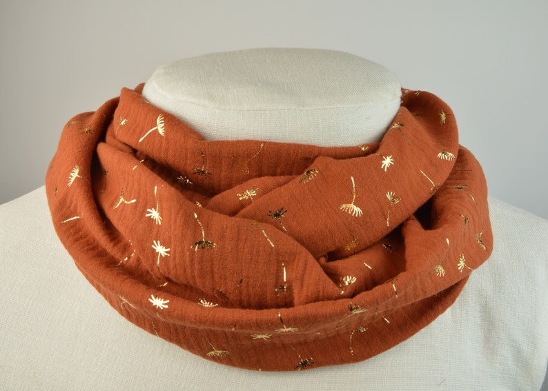 2 sizes loop made of muslin / loop scarf / neckerchief / children / rust with golden dandelions / rust brown / rust red / brown / flower / gold image 1