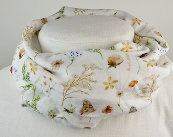 2 sizes loop made of muslin / neckerchief / loop scarf / white with flowers / butterfly / plants / children