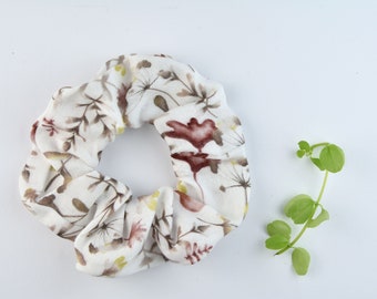 2 Größen Scrunchie Musselin / weiß mit Pflanzen / braun / Herbst / Zopfgummi / Haargummi
