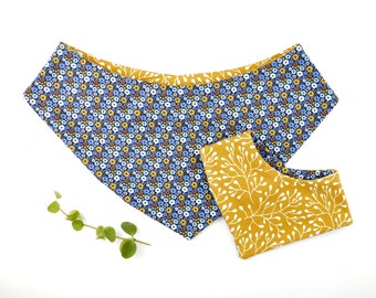 Reversible bandana for dogs & cats / dog bandana / neckerchief / flowers / mustard yellow / plants / blue