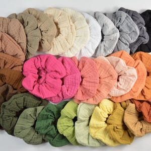 5 Größen Srunchie Musselin / Haargummi / Zopfgummi / schwarz / grau / weiß / beige / rost / grün / blau / gelb / rosa / einfarbig / uni