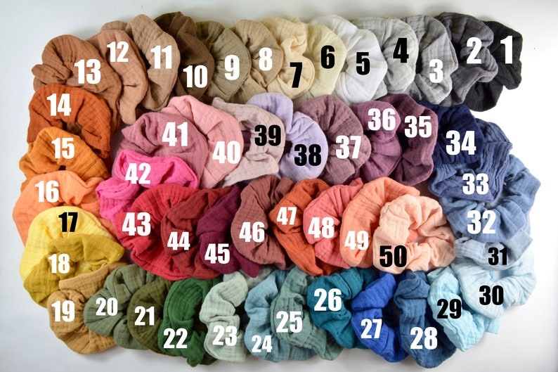 2 Größen Srunchie Musselin / Haargummi / Zopfgummi / schwarz / grau / weiß / beige / rost / grün / blau / gelb / rosa / einfarbig / uni Bild 2