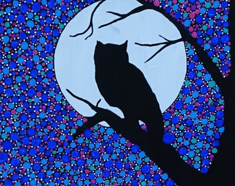 An owl silhouette and a galaxy of circles on a 10x10 canvas, an original artwork created with acrylics