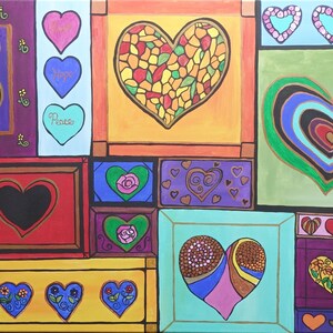 May include: A colorful painting featuring various heart designs in different styles and colors. Some hearts are solid, others have patterns, and some include the words "Hope" and "Peace". The artwork is composed of rectangular panels.