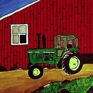 Tracteur vert, peinture acrylique sur toile encadrée de 10 x 10 pouces, excellent cadeau pour le fermier de votre vie, grange rouge et souvenirs de campagne