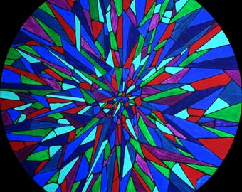 Pintura vibrante em estilo vitral sobre madeira.