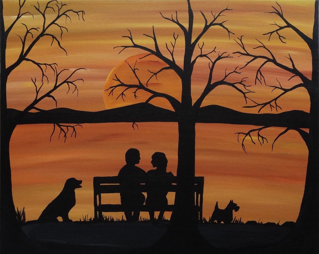 Romantic Sunset Acrylic Painting, Silhouettes and Dogs, Framed