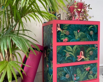 NOT FOR SALE - example only : antique dresser with mirror / drawers with luscious jungle print