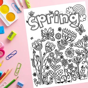 Könnte beinhalten: Eine Schwarzweiß-Malvorlage mit dem Wort "Frühling" in einer verspielten Schriftart mit einem Regenbogen und Schmetterlingen. Die Seite ist mit Blumen und Blättern gefüllt, perfekt für eine Frühlings-Malaktivität.