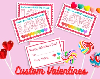 Customized Maze Valentines With Your Name, Digital Download Rainbow Hearts