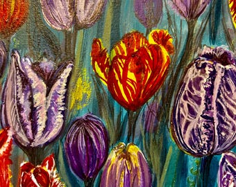 Tulipanes al anochecer: una pintura original en técnica mixta.