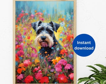 Pode incluir: Um cão schnauzer miniatura preto e branco está em pé em um campo de flores coloridas. O cão está olhando para a câmera com uma expressão curiosa. As flores são em tons de rosa, vermelho, amarelo e azul.