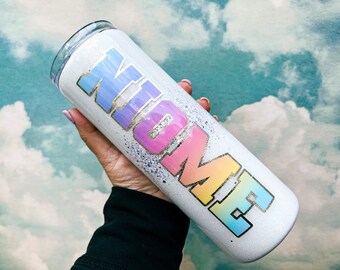 Glitter Burst Varsity Letter Tumbler, Rainbow Ombre Name, Chenille Patch Tumbler