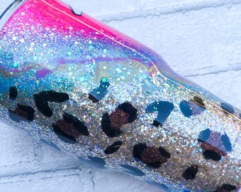 Hot Pink and Teal Leopard Tumbler, Glitter Swirl Tumbler, Gypsy Leopard