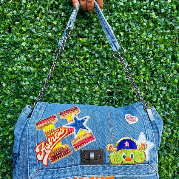 Bolso de mezclilla con parches, Astros, bolso de verano, béisbol de Houston, bolso de mano de los Astros